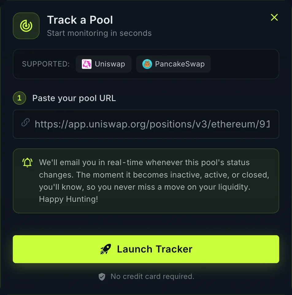 The Track a Pool form with a Uniswap position URL pasted in
